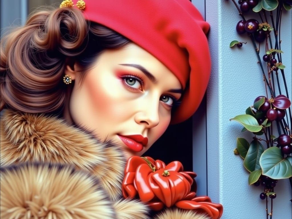 Parisian Woman in Red Beret on Sidewalk