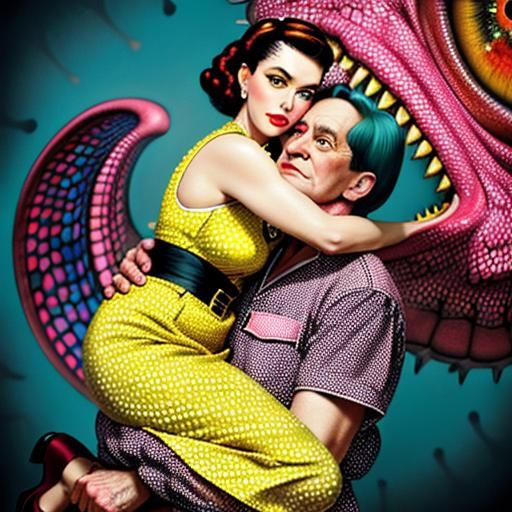 Pinup hugging  a monster  scales pink yellow big eyes  whimsical polka dots   bob byerely 
  karol bok ,hyperrealism oil...