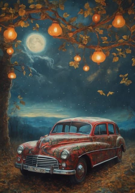 Cyberpunk Car Speeds Through City at Night