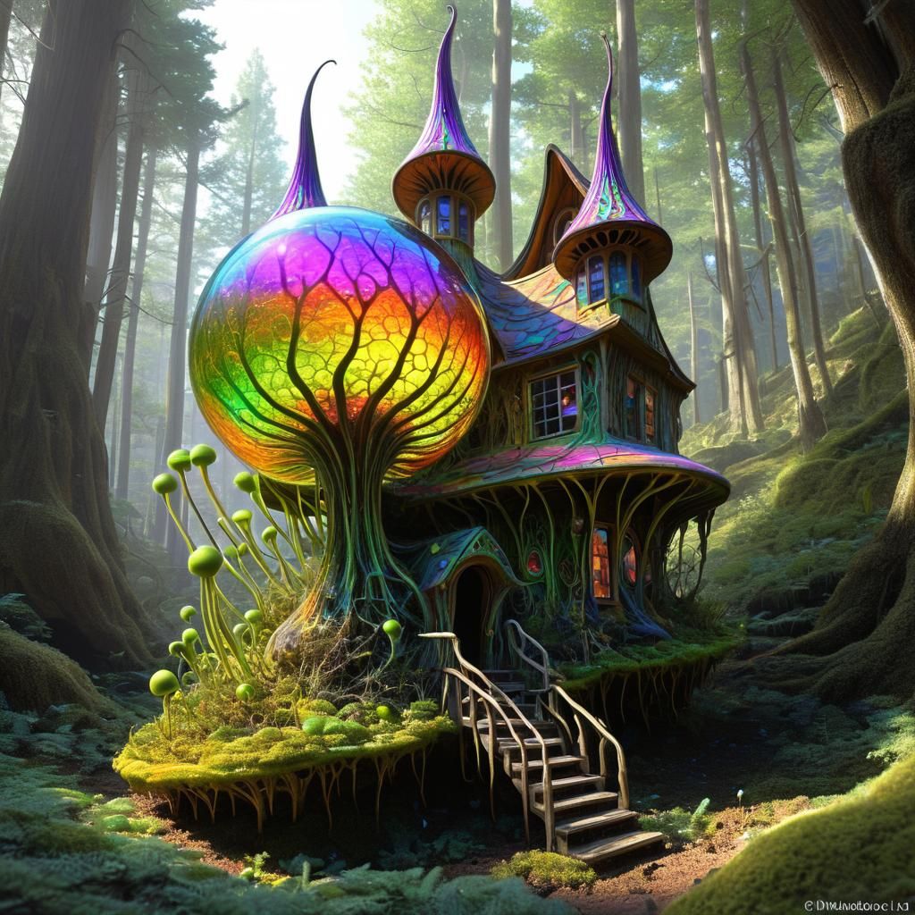Bioluminescent Fairy House in Rainbow Forest: 3D Render