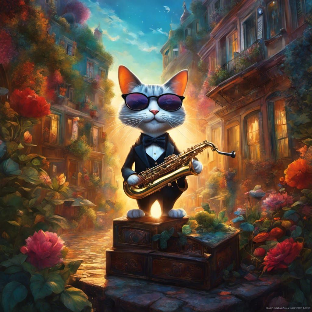Cool Cat Saxophonist Inspires Joy in Fantasy Art