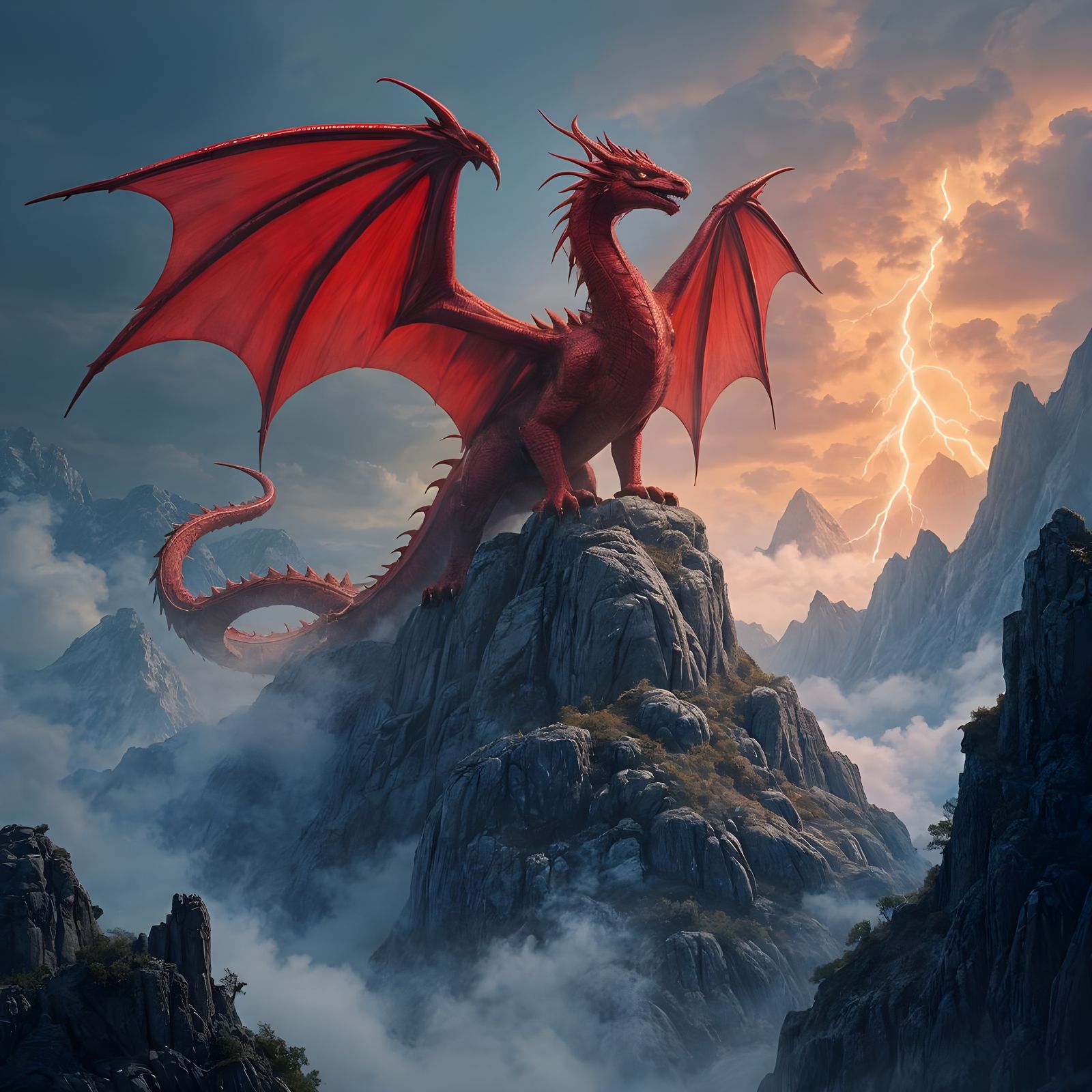 Majestic Red Dragon soars atop a rugged mountain peak, surro...