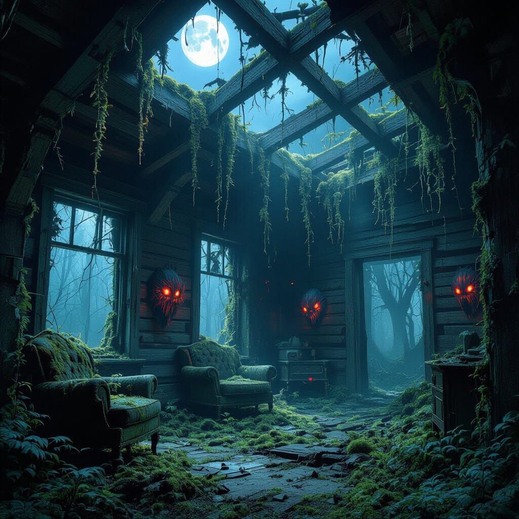 Abandoned Mansion Interior with Monsters in Eerie Moonlight