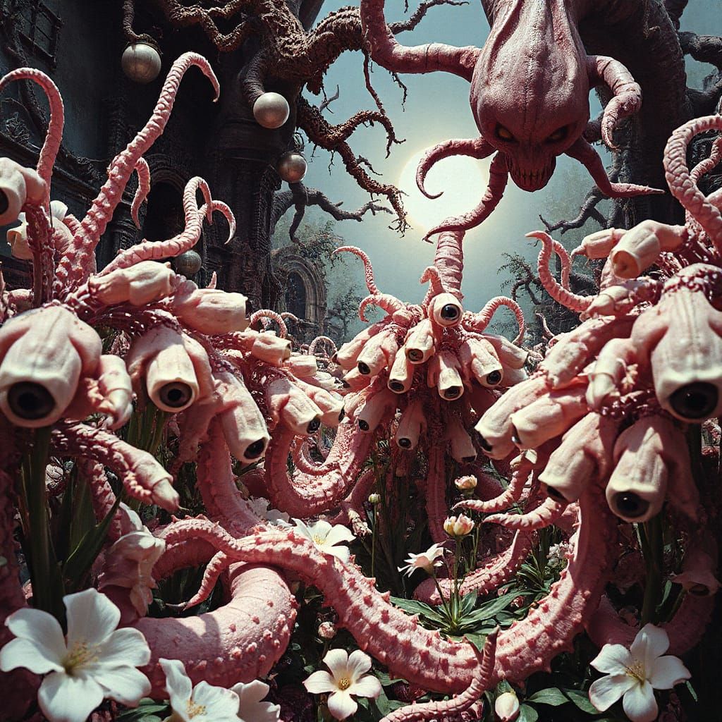 Creepy Surreal Garden with Disturbing Eyeball Flowers
