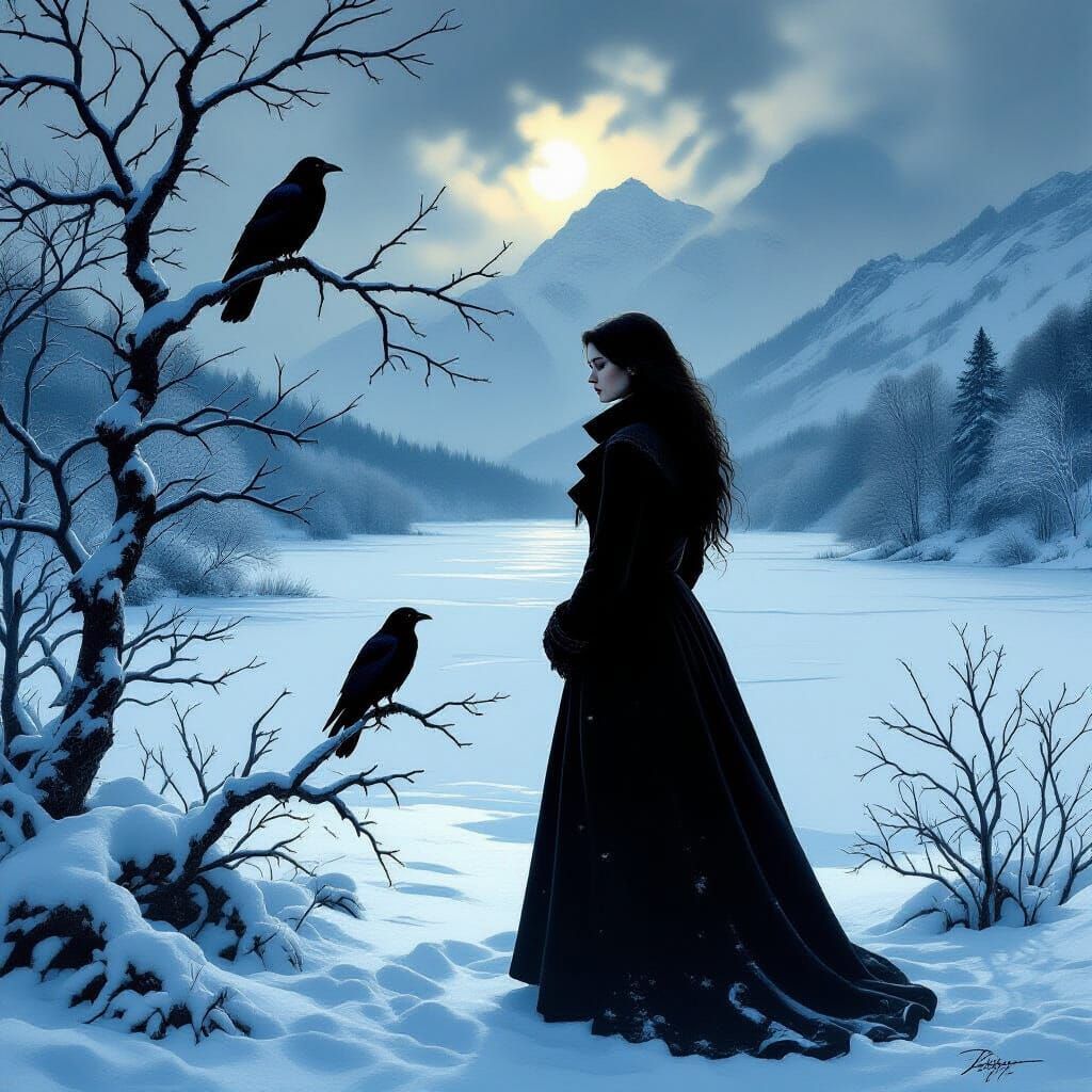 Snowy Desolation: Woman in Winter Landscape as Art Nouveau