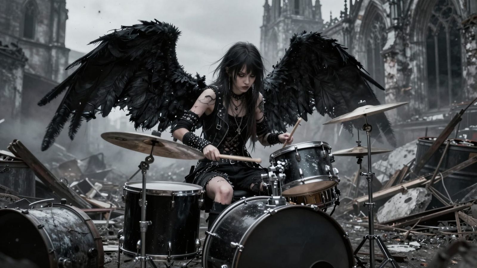 Fallenpunk Punk Girl with Black Wings on Drum Kit