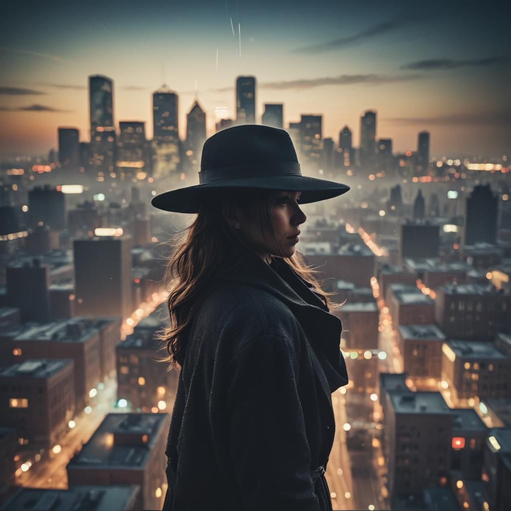 Mysterious Woman Silhouette in Atmospheric Cityscape