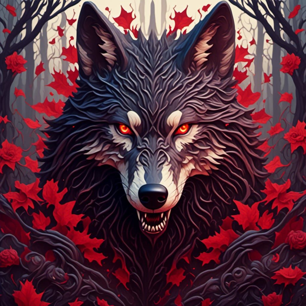 Hyperdetailed Black Wolf Snarling in Dark Forest