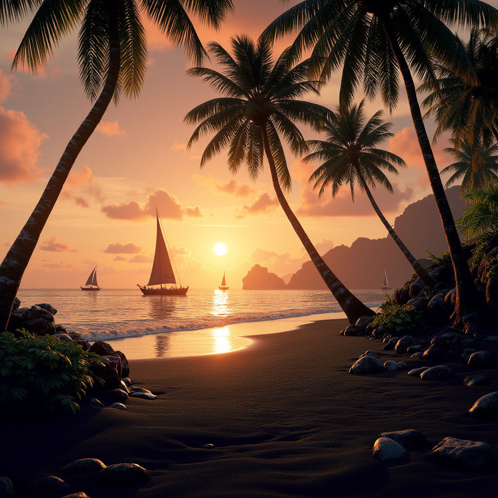 Hawaiian Black Sand Beach Sunset in Matte Painting Style