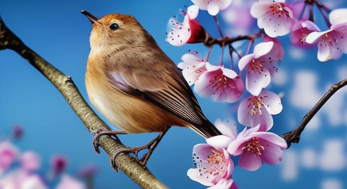 Nightingale on Cherry Blossom Branch: Hyperrealistic Close-U...