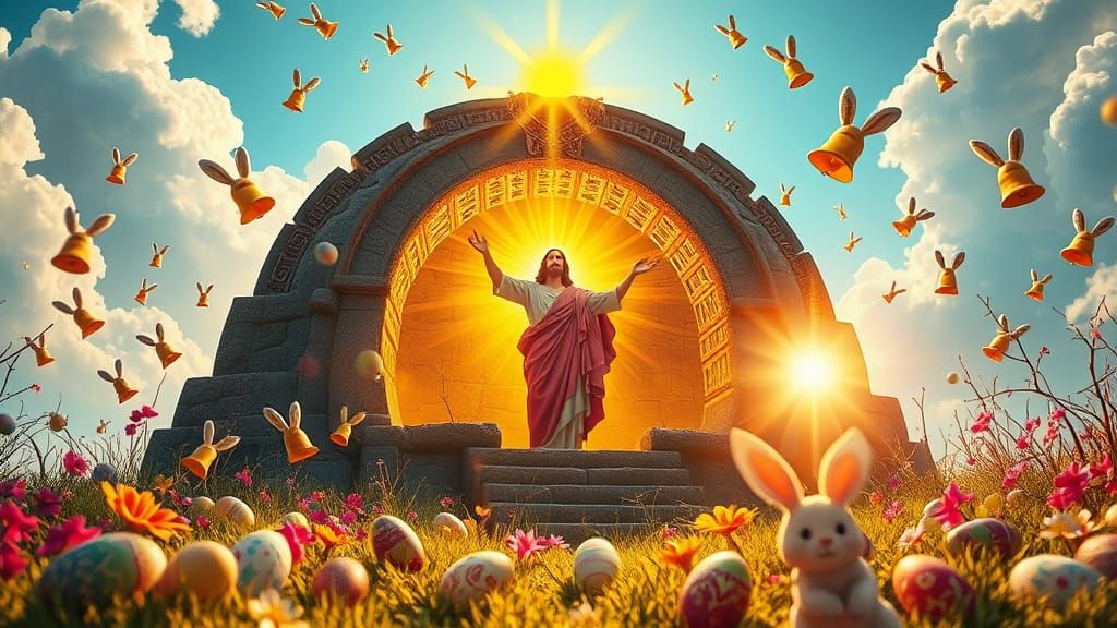 Resurrected Christ in Vibrant Easter Scene, 3D-Like Realism