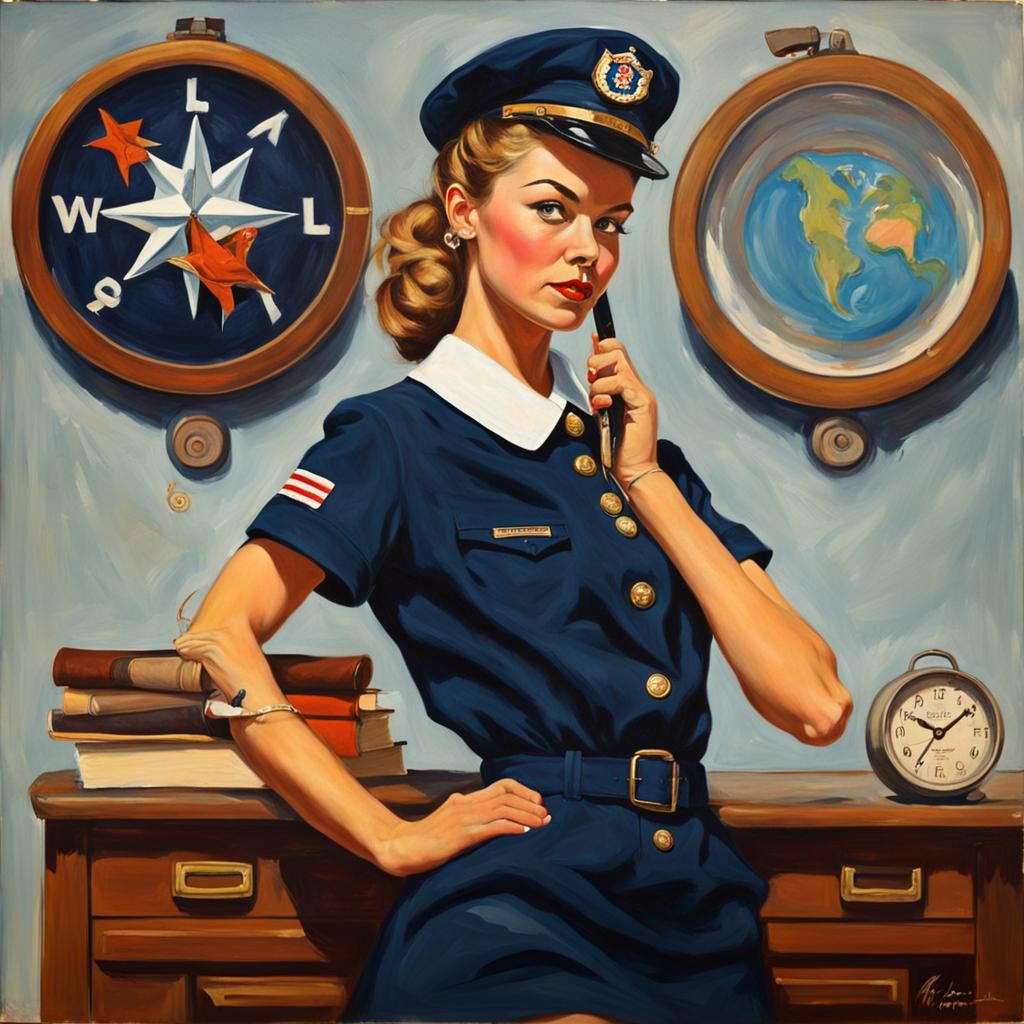 Vintage Pinup Girl in Navy Uniform as Oil Painting