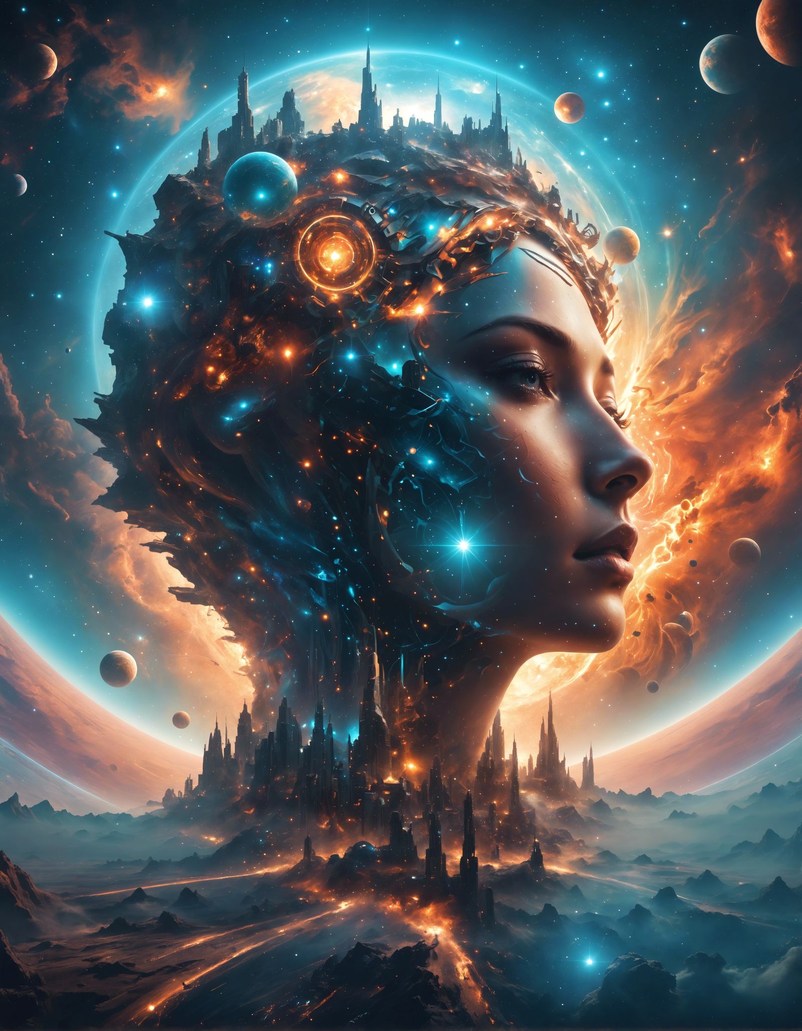 Meditative Metropolis Face in Galactic Nebula