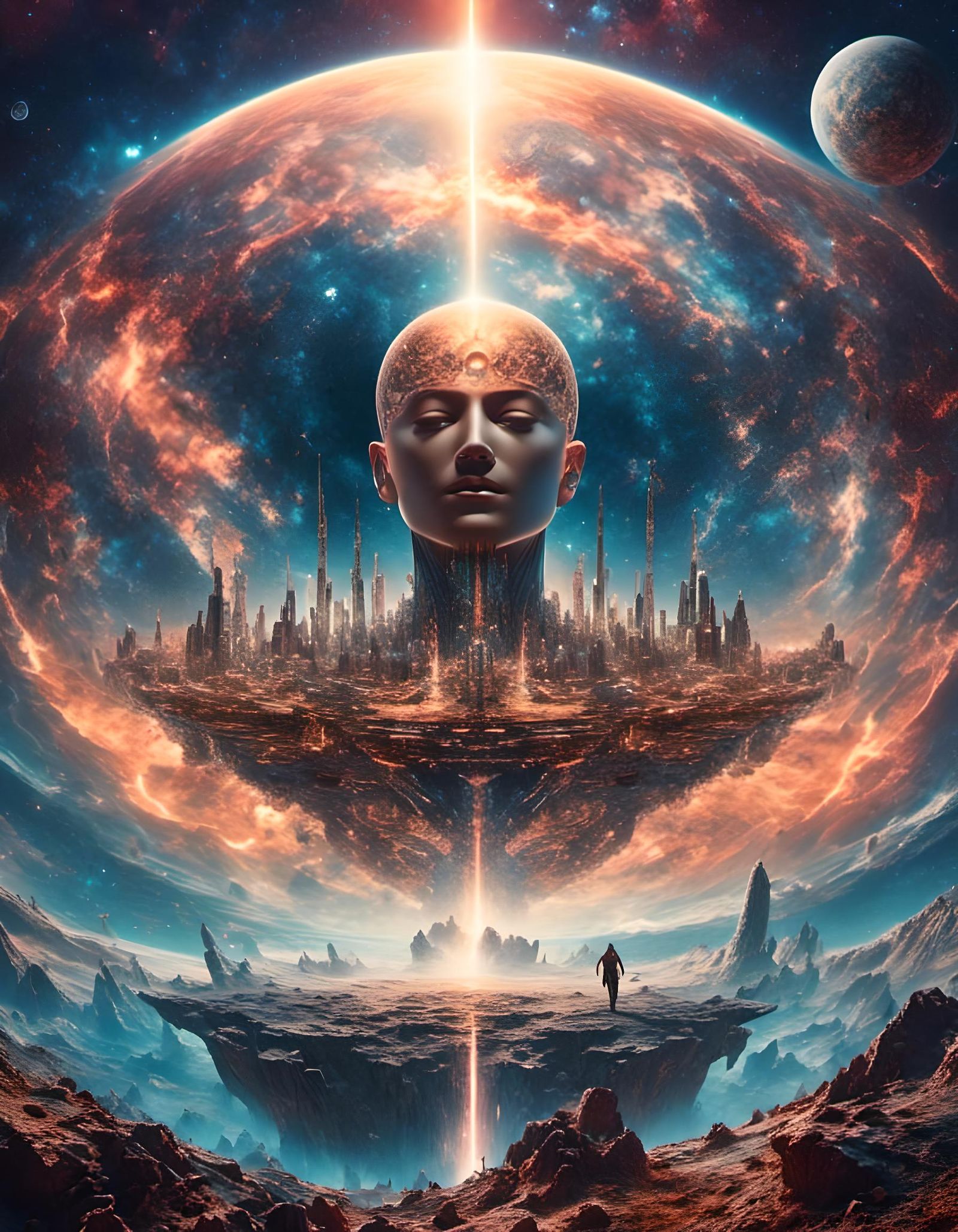 Meditative Face Floating in Galactic Metropolis