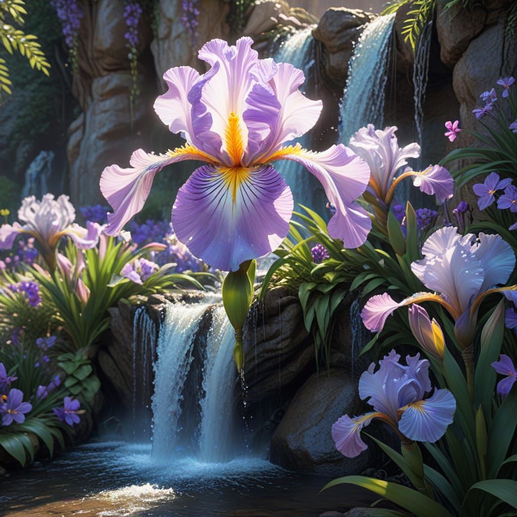 Whimsical Waterfall Flows from Giant Iris Flower