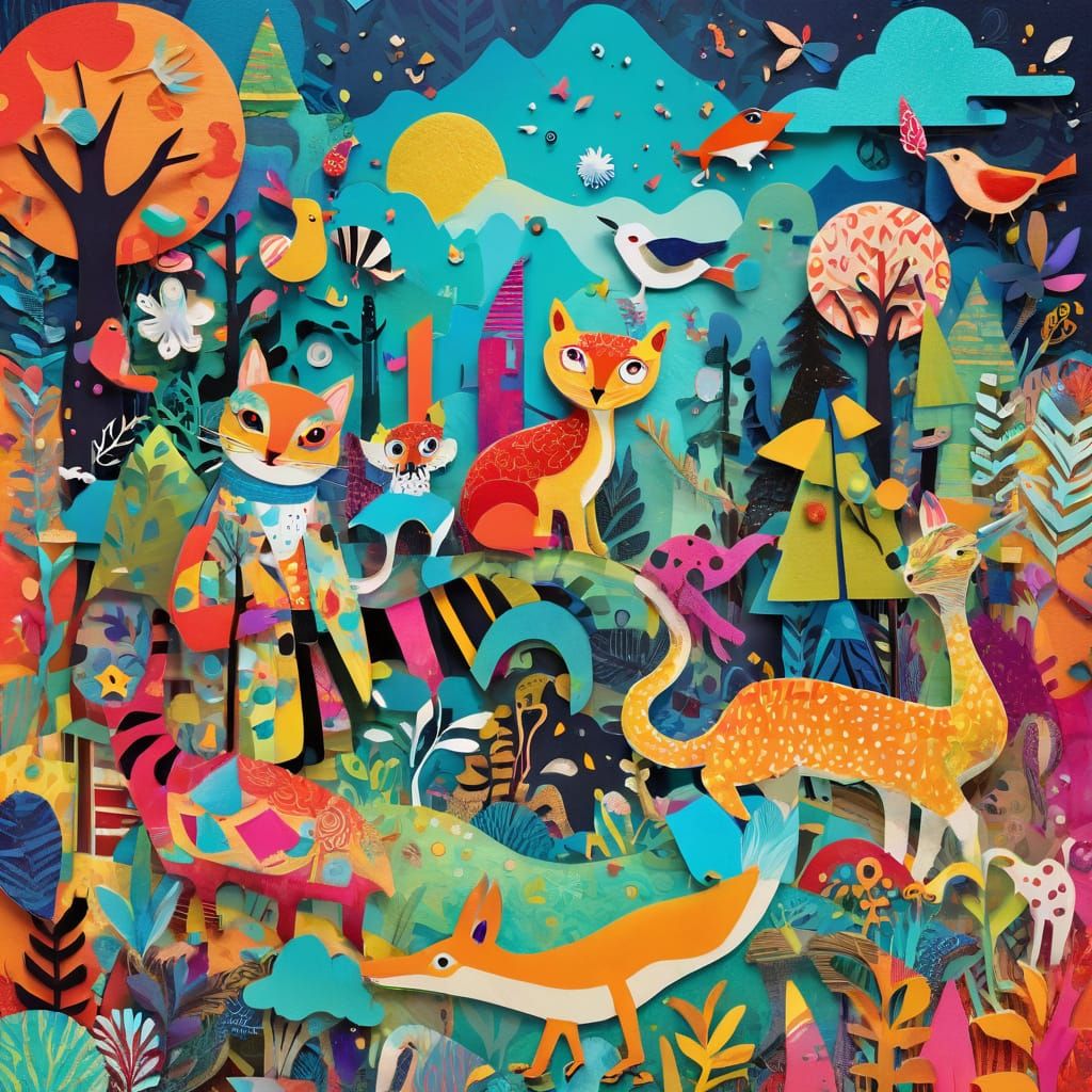 Playful Creatures in Vibrant Paper-Cut Wonderland