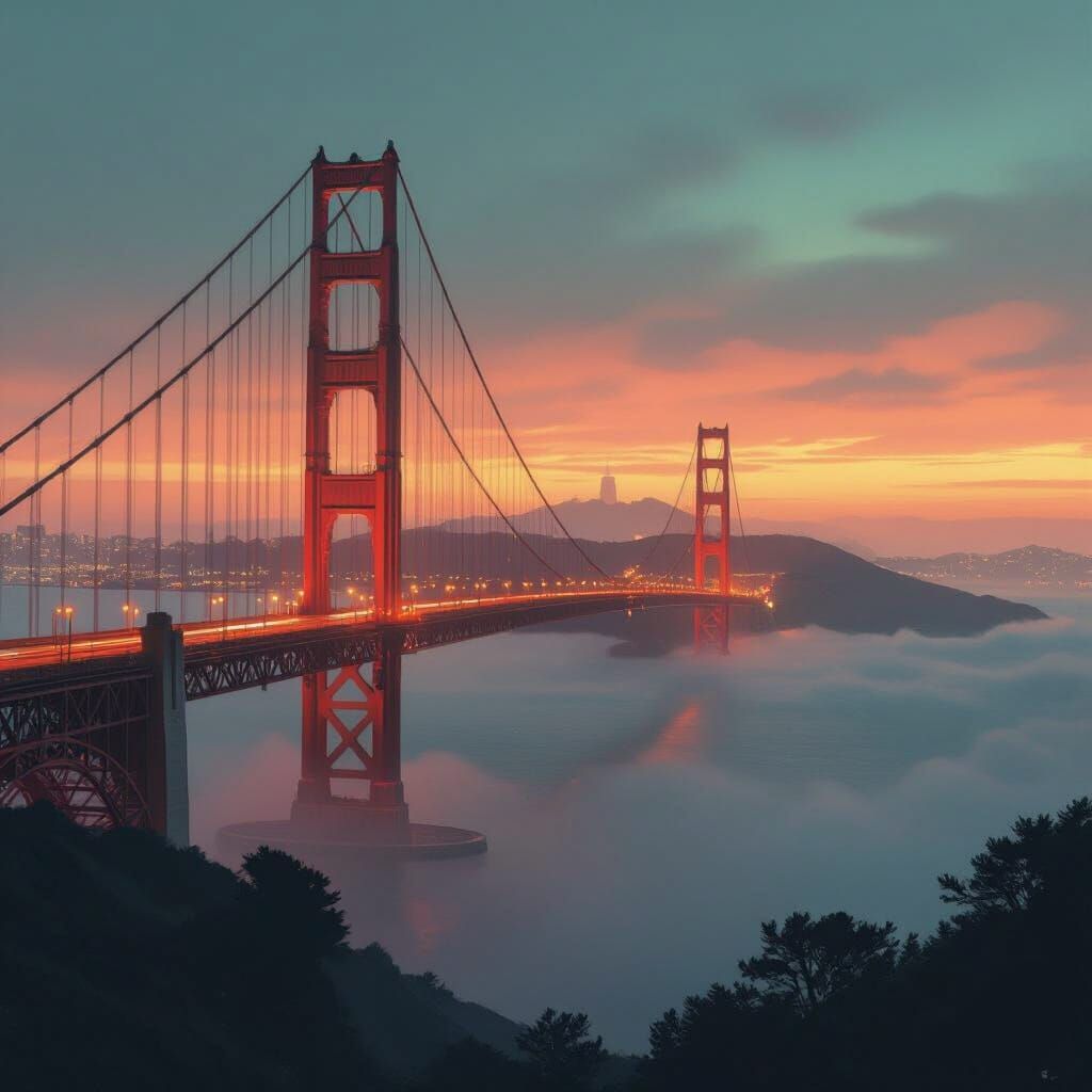 Cyberpunk San Francisco Golden Gate Bridge at Dusk