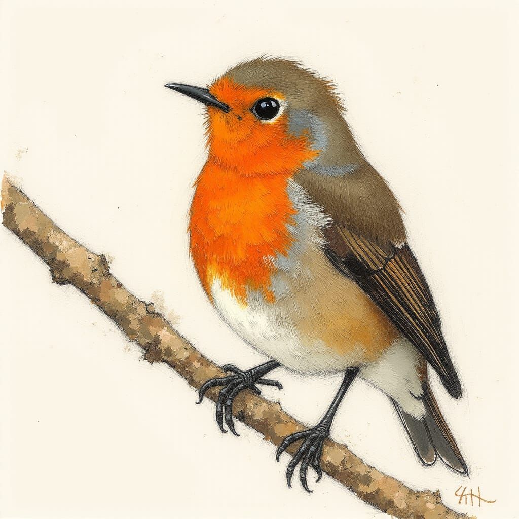 Colorful Robin on Branch in Impressionist Pencil Sketch