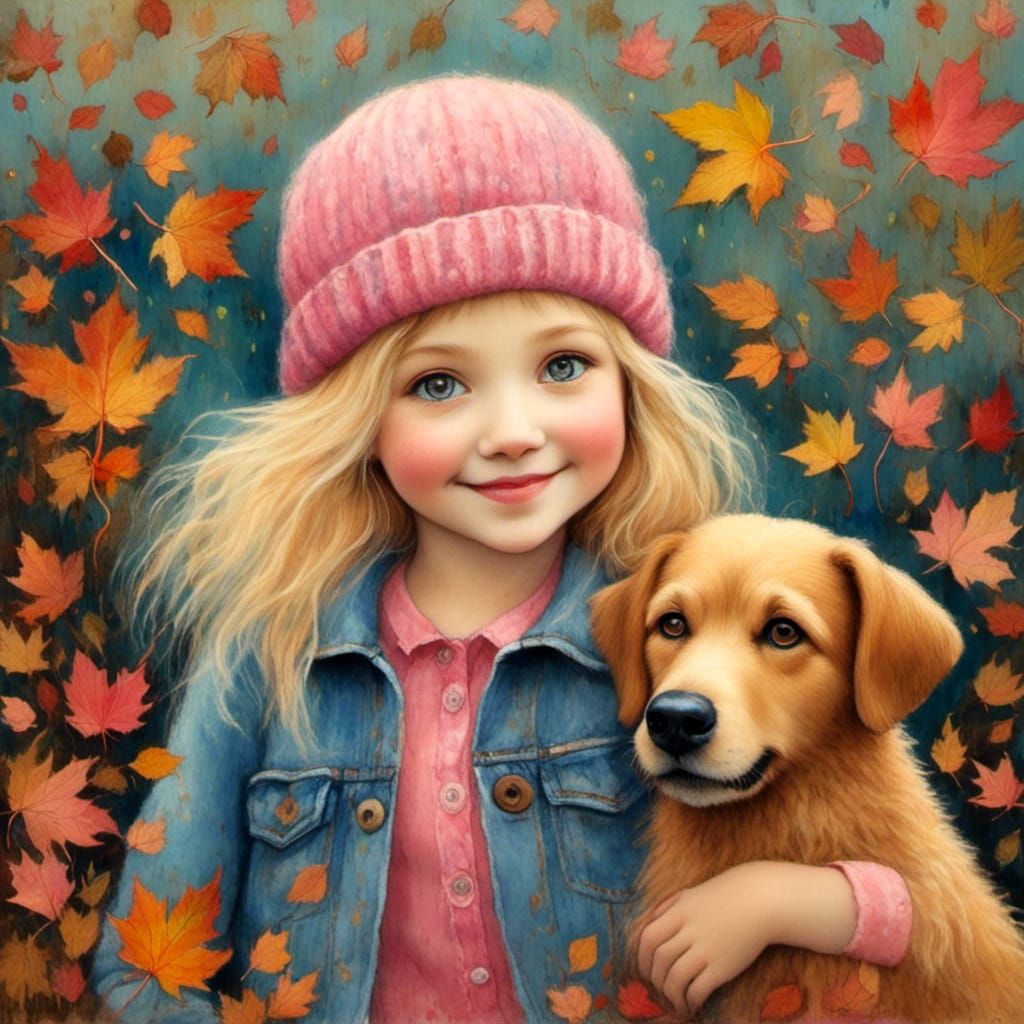 Naive Art: Smiling Girl with Dog in Autumn