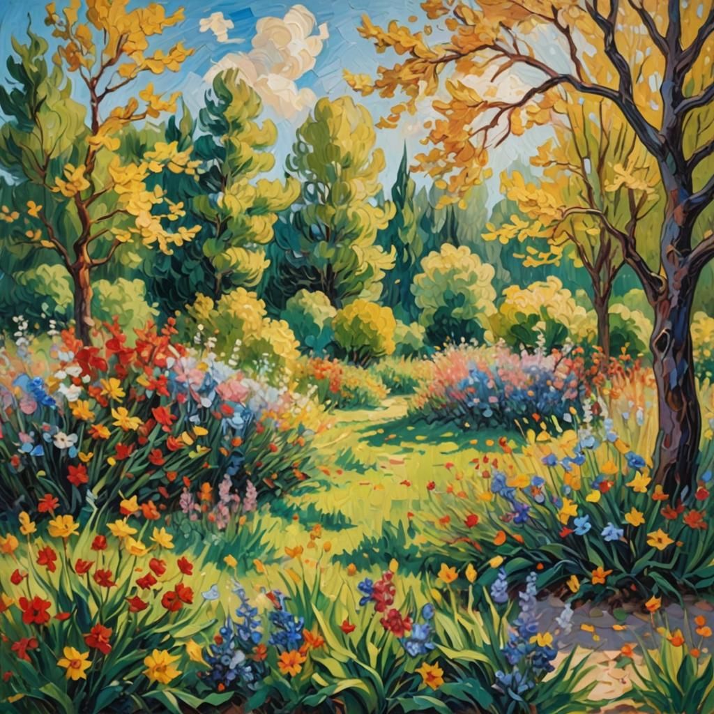 Joyful Cat in Sunlit Garden, Expressionist Impasto Painting