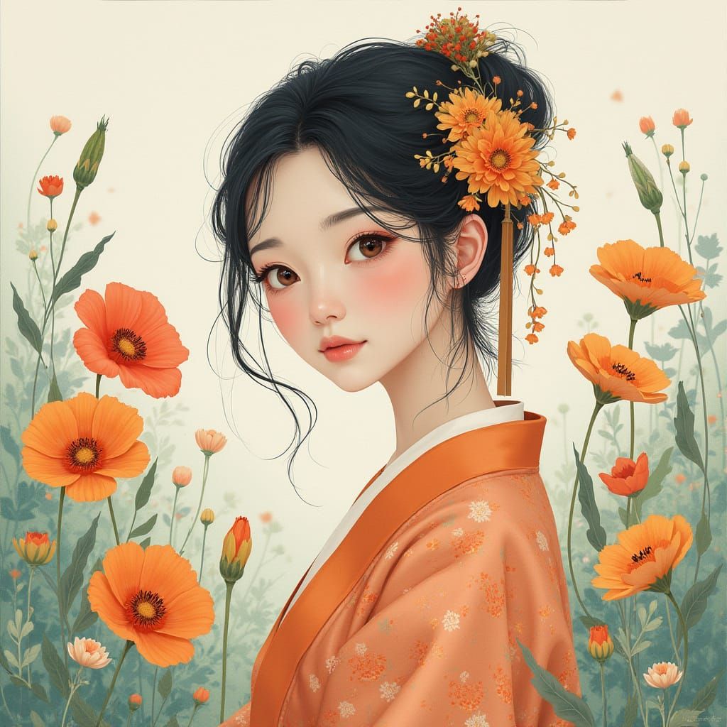 Woman in Traditional Korean Attire Among Whimsical Blooms