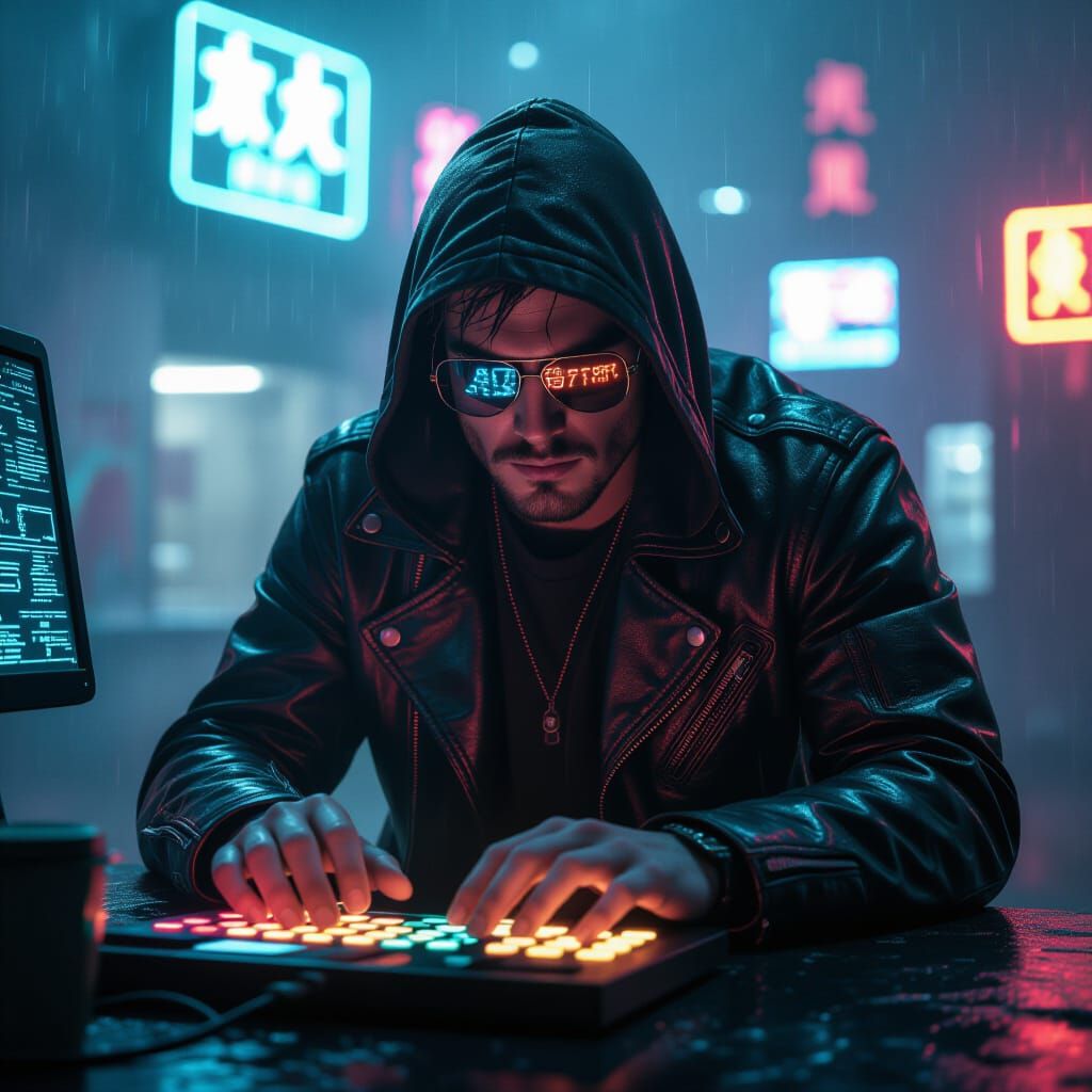 Cyberpunk Hacker in Neon-Lit Rain