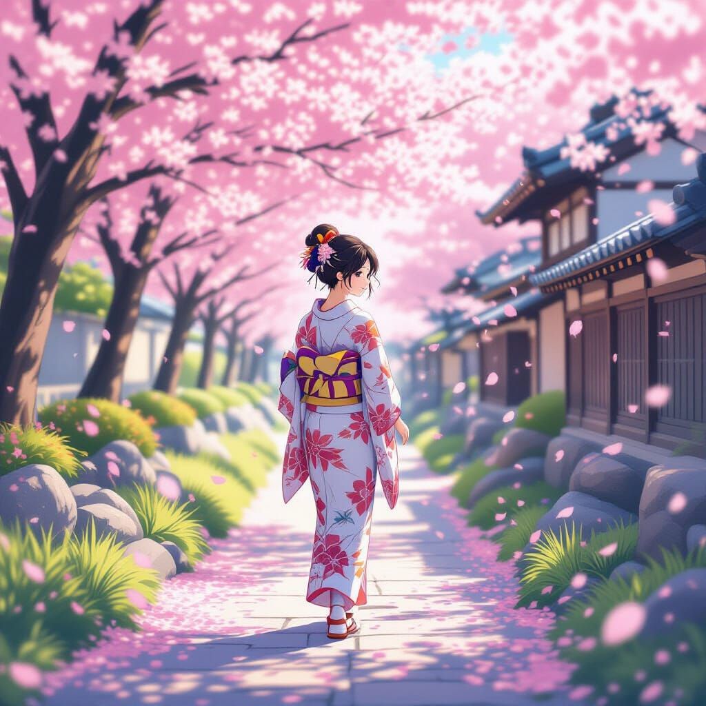 Anime Woman in Cherry Blossom Field, Ghibli Style
