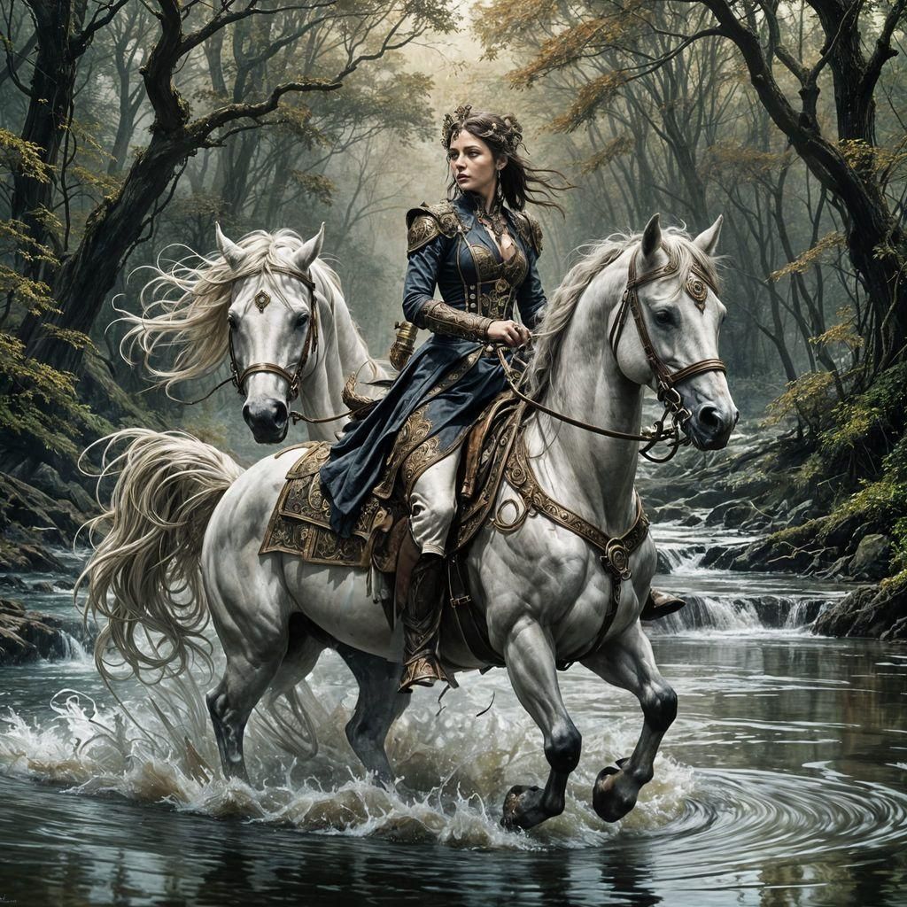 Arwen on her horse in the river