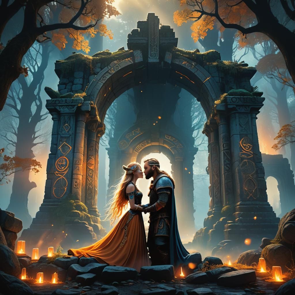 Viking Couple Kissing in Mystical Forest: Fantasy Art