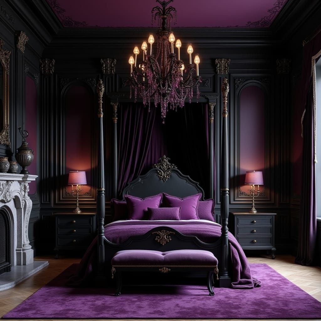 Elegant Gothic Bedroom with Luxurious Black and Purple Accen...