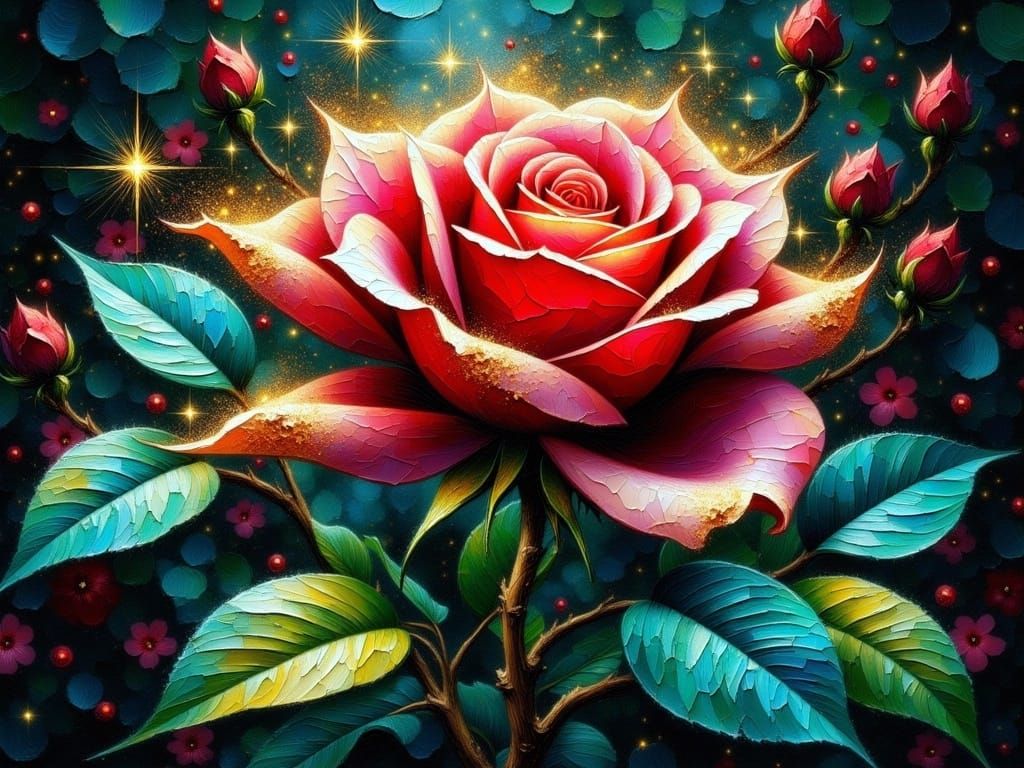 Vibrant Impasto Rose Blooms Amidst Sparkling Ink Splatters