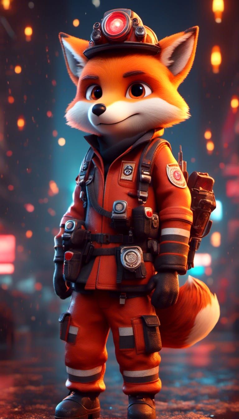 Energetic Firefighter Fox Character in 3D Digital Art
