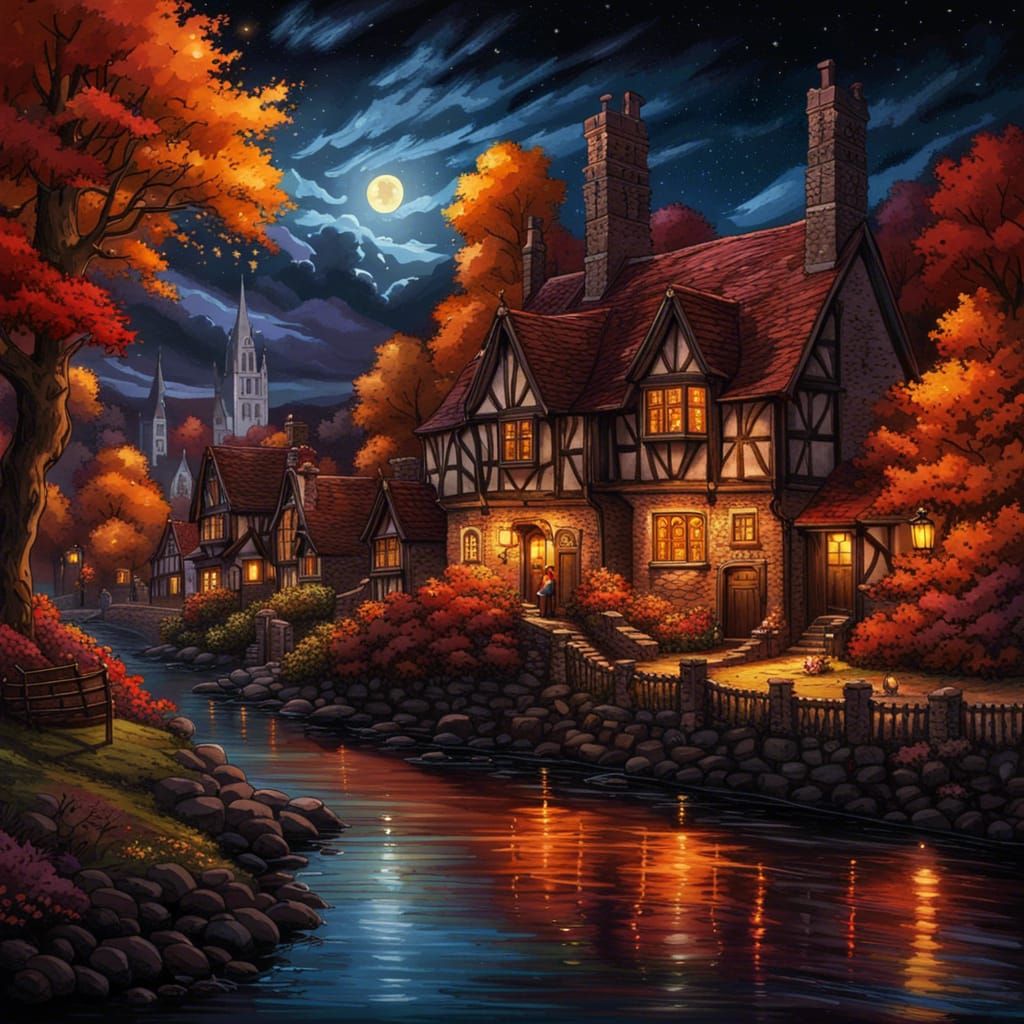 Gothic Cottagecore Village Under Starry Night Sky