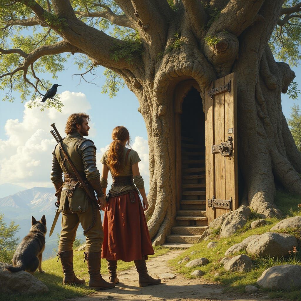 Swordsmen Stand Before Ancient Oak's Mysterious Doorway