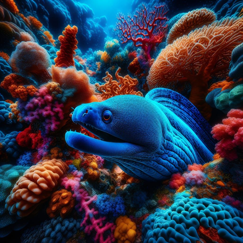 Blue Wolf Eel in Colorful Coral Reef, Hyperrealistic