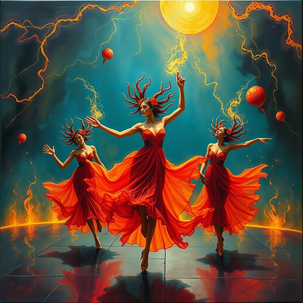 Surreal Celebration: Dancers in Vibrant Orange Oil