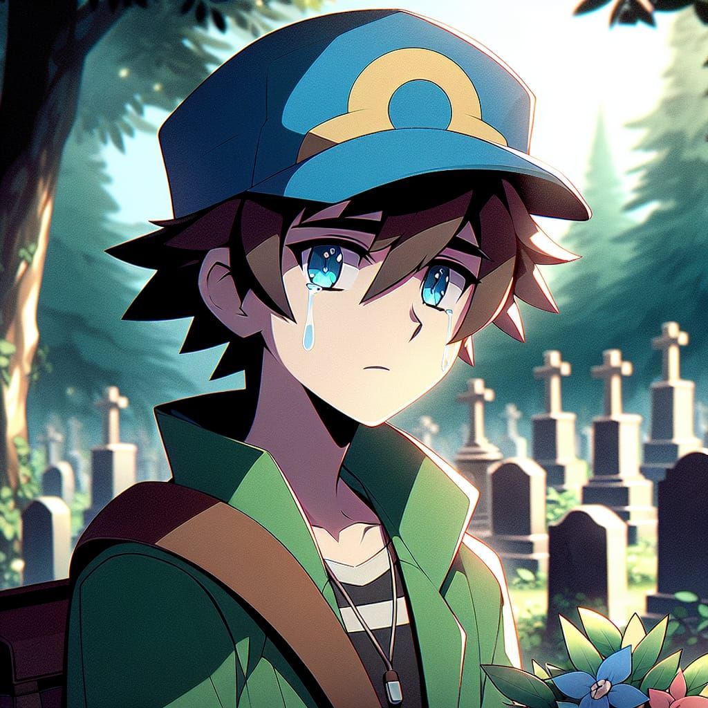 Anime Character Mourns Grandfather in Graveyard, Manga Style