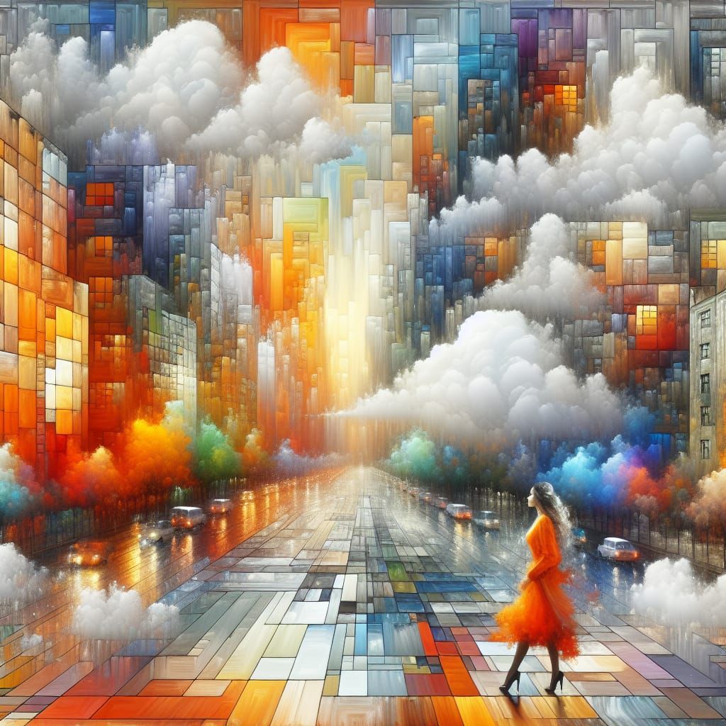 Abstract Woman in Orange Dress Walking to Clouds