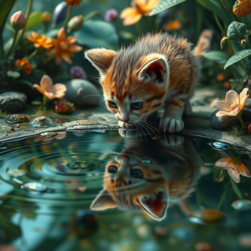 Whimsical Kitten Discovers its Reflection in a Lush, Fantast...