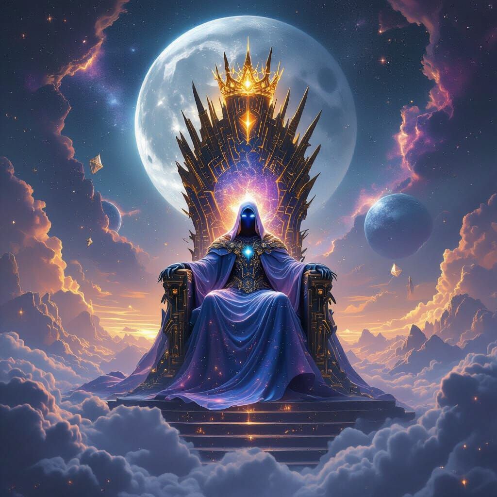 Cosmic Throne Room with Mystical Figure in Sky