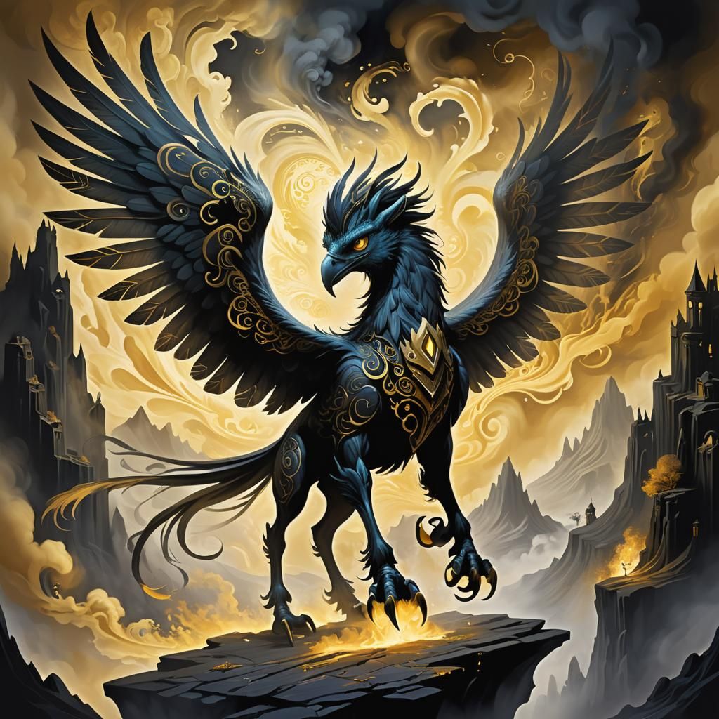 Shadow Hippogriff in Fantasy Nightmare Landscape