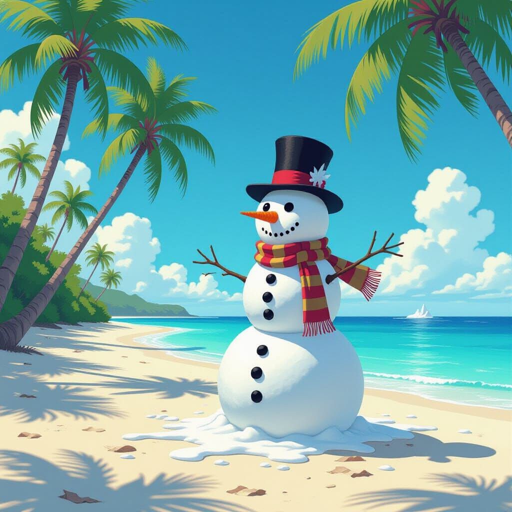Melting Snowman's Tropical Lament: Whimsical Art