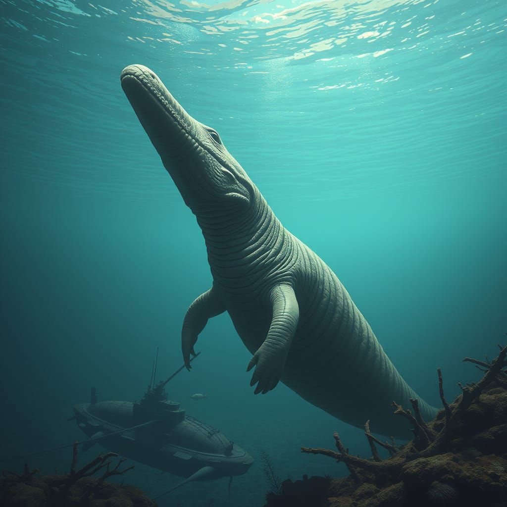 Giant Plesiosaur Over Sunken Submarine