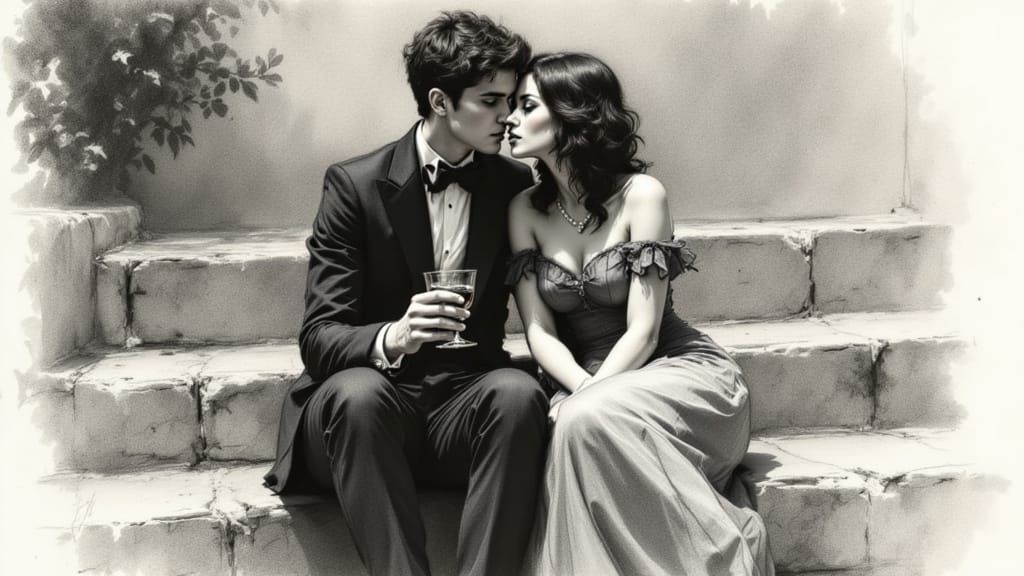 Couple Embracing on Stone Steps in Charcoal Sketch Style