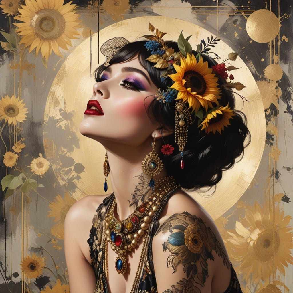 Elegant Woman in Gold Accents and Sunflowers