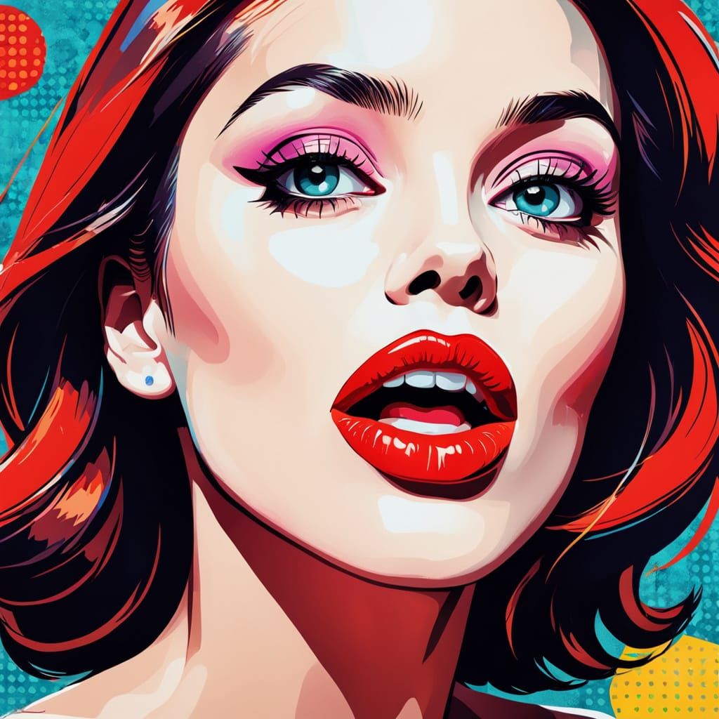 Bold Dot Pop Art Portrait of a Woman Biting Her Lip