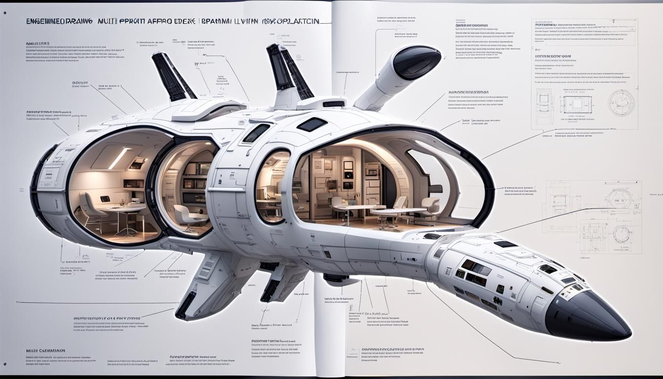 engineering drawing: exploration spaceship, deep space, modu...
