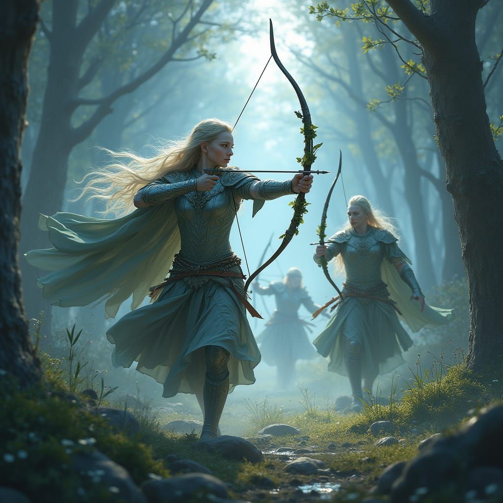 Elven Warriors Engage in Moonlit Battle Amidst Mystical Fore...