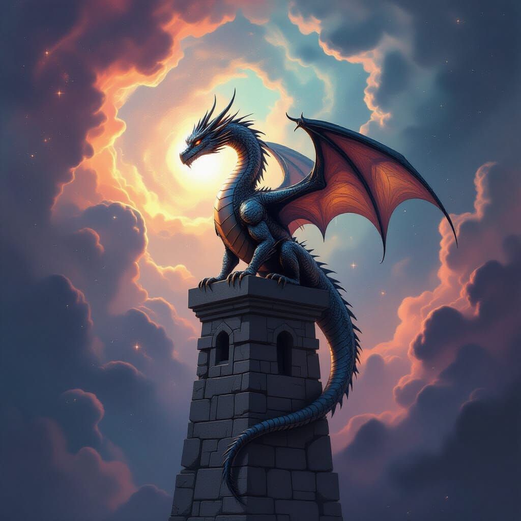 Metallic Dragon in Ethereal Nebula, Abstract Expressionist S...