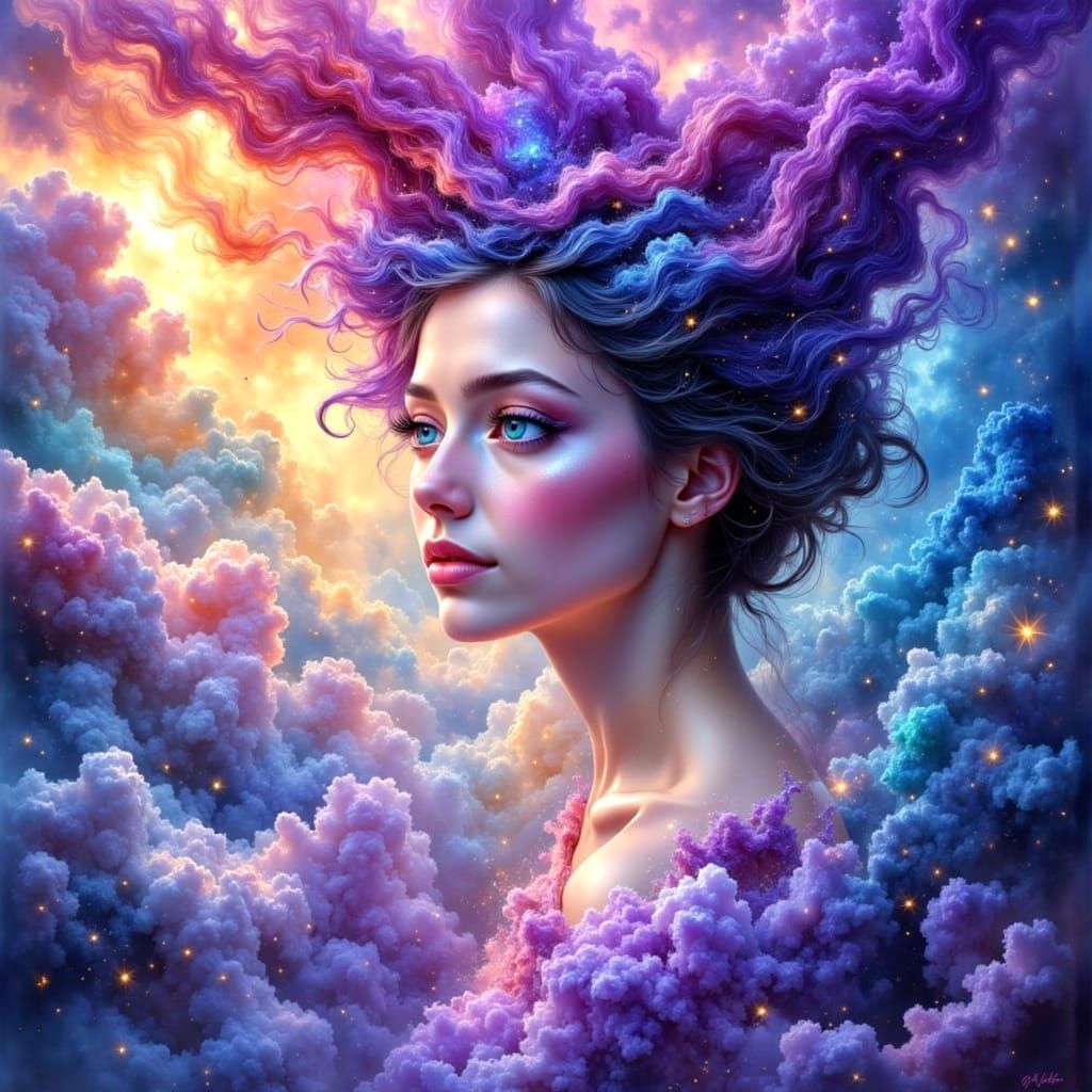 Abstract Portrait with Violet, Turquoise, and Cream Colors